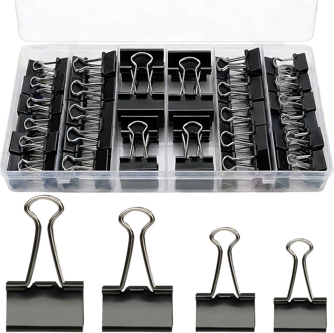 Binder Clips Assorted Sizes, 140 PCS Black Binder Paper Clips Office Clips Office Supplies Desk, 4 Sizes Cute Binder Clips Large Medium Binder Clip Small Paper Clips Medium Paper Clamps (Black)