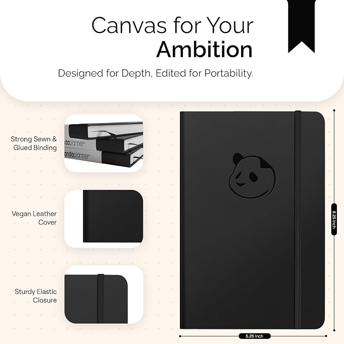 Panda Planner Classic A5 Undated Daily Planner 2026-2027, 8.25 x 5.75 Black | Hourly schedule, to do list, habit tracker, gratitude journal, quarterly layout, 100 GSM paper