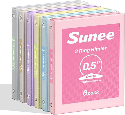 SUNEE 1/2 Inch Binders 3 Ring 6 Pack, 3 Ring Binders Clear View PVC-Free Bulk (Fit 8.5x11 Inches) for School or Office Supplies, Pastel Binder