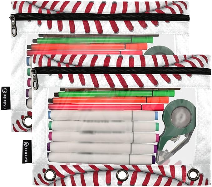 Gredecor 3 Ring Binder Pencil Pouch, Ball Softball Basebal Laces (1) Zippered Pen Case Pouches with Clear Window, 2 Pack Stylish Office & School Supplie