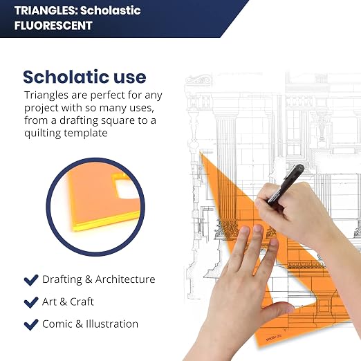 Pacific Arc's Scholastic Triangle - 8 inch - Fluorescent - 30/60 Angle - Polystyrene - Inking Edge - Technical Drawing Tools, Drafting, Architect and Engineering.