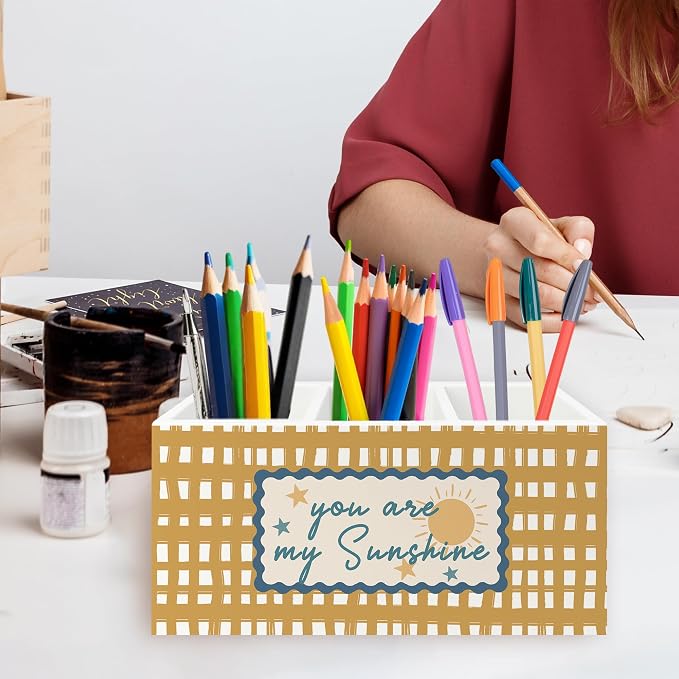 Boho Kids Inspirational Pen Pencil Holder Organizer for Desk, You Are My Sunshine Nursery Wooden Box Signs Decorations for Kids Boys Girls Room Bedroom Classroom Desk Tabletop