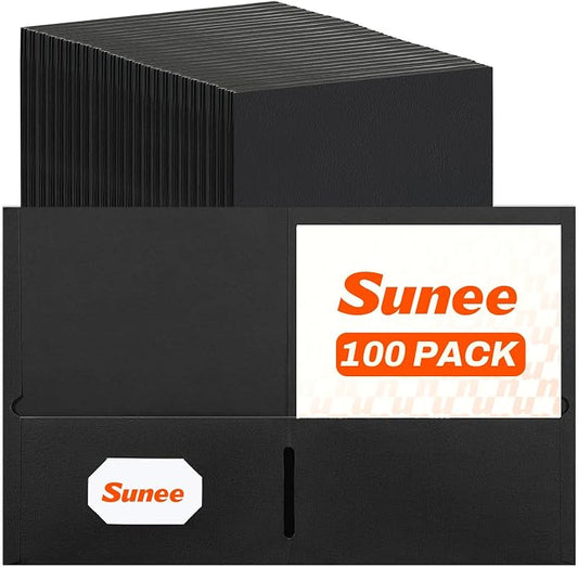 SUNEE Two Pocket Folders, 100 Pack File Folders with Business Card Slot, Textured Paper, Fit Letter Size Paper, Paper File Folder for School Office Home Business, Black