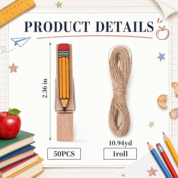 Mifoci 50 Pack Back to School Wooden Photo Clips with Twine, Pencil Shaped Clothespins for Classroom Decor, Student Work Display, Teacher Appreciation Gifts, Bulletin Board and Party Decorations