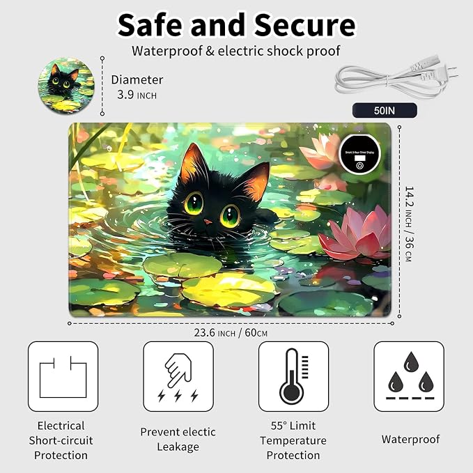 Heated Desk Pad Mouse Pad,Heated Desk Mat,with 3 Heating Levels & 3 Hours Auto Shut-Off,Leather 23.6"*14.2" Gaming Mouse Laptop Mat,Foot Warmer,Cartoon Lotus Cat