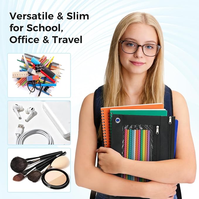Pencil Pouch for 3 Ring Binder, Pencil Case Bag with Zipper, 600D Fabric Pencil Pouch Holder Accessories, Clear Window Pencil Case Aesthetic Back to School Organizer Pockets for Boy Girl (Black)