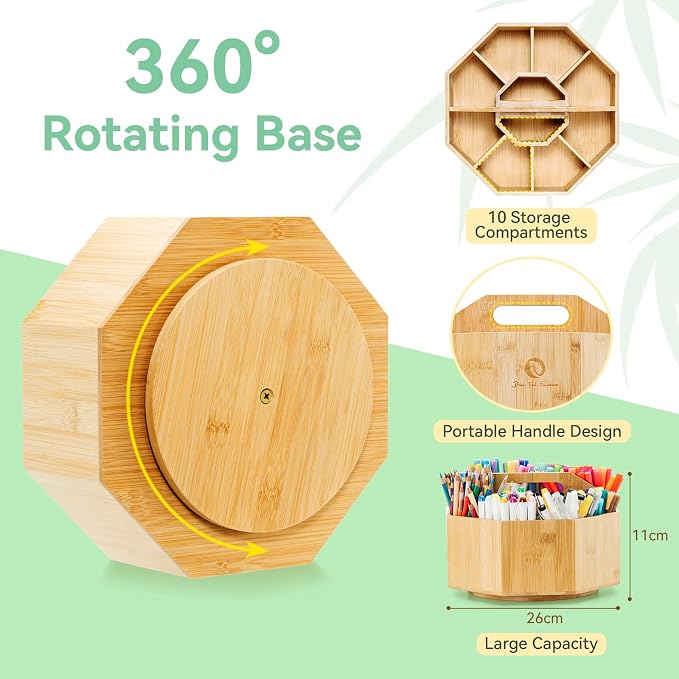 Ohuhu Rotating Marker Organizer for Alcohol Markers, 360° Rotating Bamboo Storage Hold 162 Honolulu& B Alcohol Markers, Pens Pencil Holder with 10 Compartments for Home Classroom Office Decor