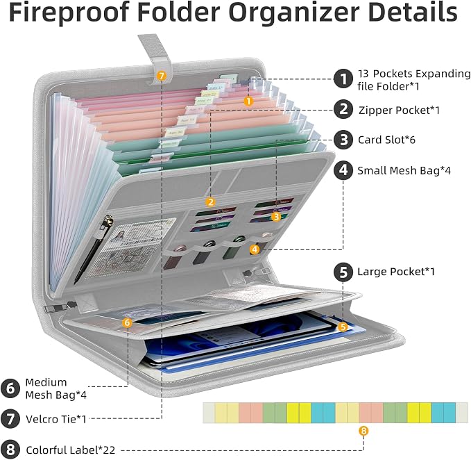 Fireproof Accordion File Organizer, Expanding File Folder with 13 Pockets | Portable Document Organizer with Waterproof Zipper & Labels, File Organizer for Important Document/Paper Storage, Gray
