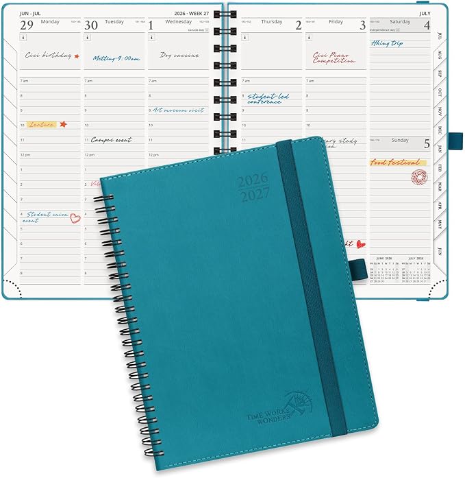 POPRUN Planner 2026-2027 (Medium - 6.5'' x 8.5'') Academic Weekly Planner | Calendar(July 26-June 27) Appointment Book with Hourly Time Slots, Monthly Tabs, 100GSM, Spiral Leather Cover - Pacific Green