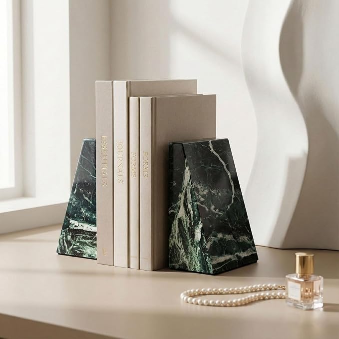 Natural Marble Bookends for Shelves,Office bookends for Heavy Books. Unique Brown Book Ends, Set of 2,Heavy Duty (Green)