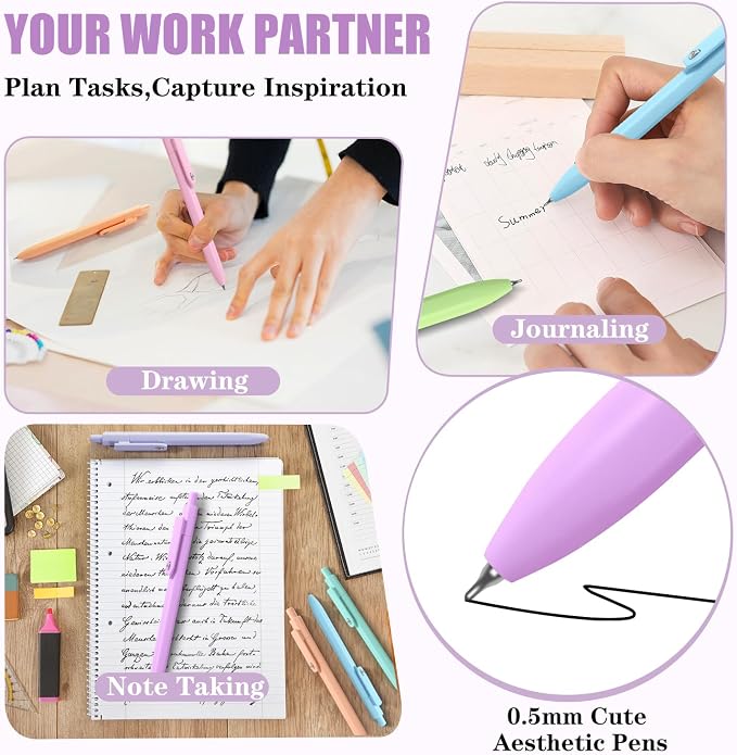 Piochoo Gel Pens, 8pcs Black Ink Pens 0.5mm Smooth Writing Pens,Cute Color Pens for Journaling Desk Accessories Office School Supplies Gifts for Women Nurses