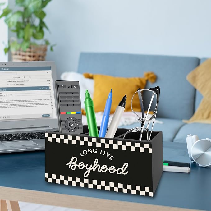 Boy Nursery Decor Pen Pencil Holder Organizer for Desk, Long Live Boyhood Black Checkered Wooden Box Signs Decorations for Kids Toddler Boys Room Bedroom Desk Tabletop, Boys Room Decor