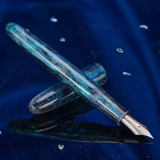Asvine C80 Fountain Pen #8 Stub 1.1mm Nib Large Handcraft Calligraphy Art Drawing Pen with Converter Pen Case Collection Set (Light Blue Glitter)