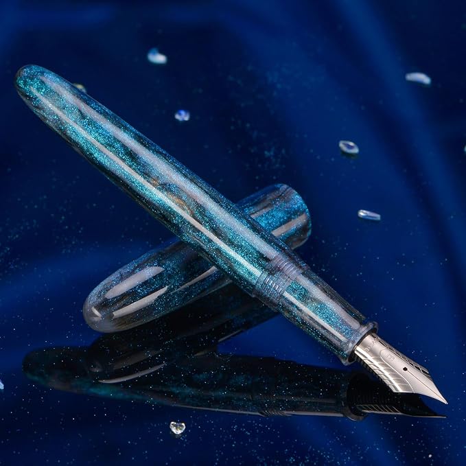 Asvine C80 Fountain Pen #8 Fine Nib Large Handcraft Pen with Converter Pen Case Collection Set (Light Blue Glitter)