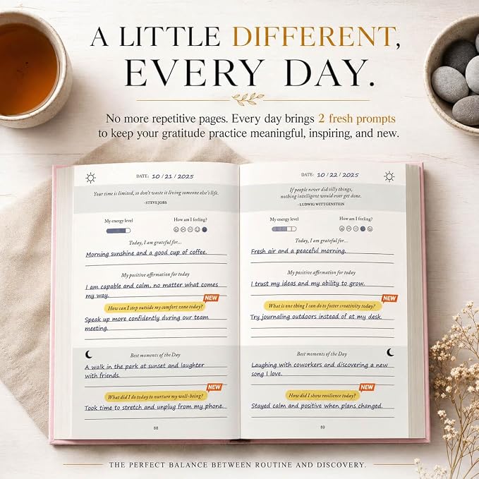 The Daily Gratitude Journal 2026 – Guided Gratitude Practice for Women & Men, 2 Fresh Prompts Every Day, Mindfulness, Happiness & Daily Reflection, Undated Affirmation Journal with Gift Box