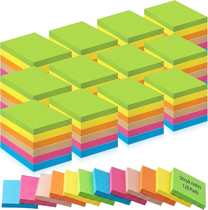 Fainne 120 Pads Sticky Notes Bulk 1.5 x 2 Inch Mini Self Stick Note Small Assorted Bright Colors Paper Memo for Office School Notebook Supplies 50 Sheets/pad (Simple Style,Bright Color)