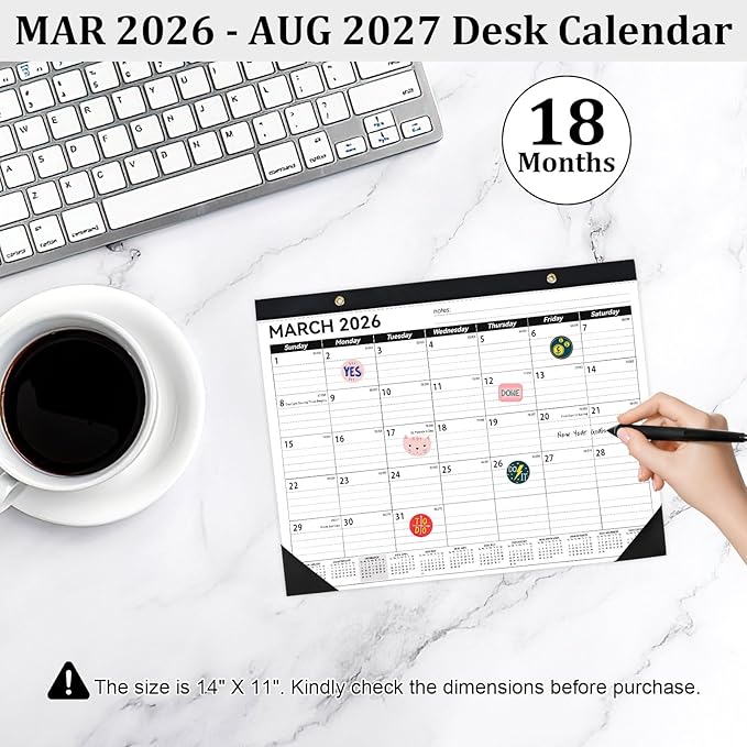 Desk Calendar 2026-2027, 14" X 11" Desktop Calendar 2026-2027, 18 Months Calander Runs from Mar. 2026 to Aug. 2027, Academic Monthly Planner for Home School Office (White and Black)