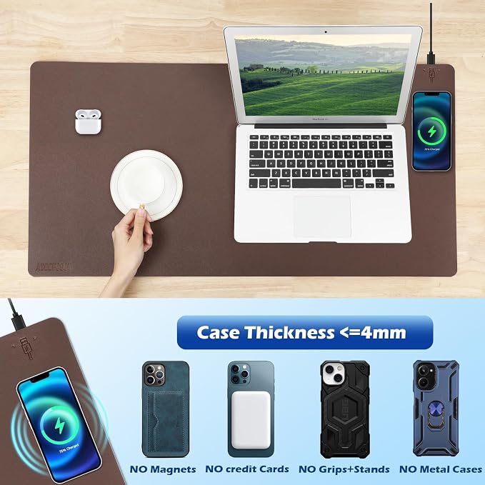 Wireless Charging Desk Mat, Mouse Pad, Brown-R, 36x17 inch