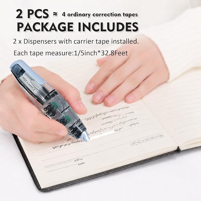 High-capacity Refillable White Correction Tape,32.8 Feet x 0.2”, 2-Count of Extra-long Correction Tape with Easy to Use Pen Shaped Applicator,Fast, Clean and Tear-Resistant for Office School Supplies