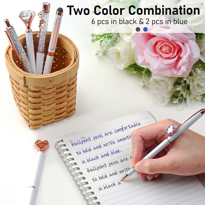 WEMATE 8Pcs Fancy Pens Set, Metal Crystal Diamond Pens White | With Black & Blue Ink, Glitter Design for Journaling, Office Supplies, School Use & Gifts for Women