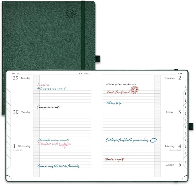 POPRUN Planner 2026-2027 (Large 8.5"x10.5"), Academic Year Weekly Planner | Calendar Book Jul.2026 - Jun.2027, Appointment Book with Monthly Tabs, Leather Hardcover, Inner Pocket, 100GSM -Forest Green