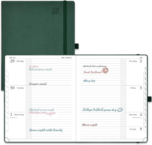 POPRUN Planner 2026-2027 (Large 8.5"x10.5"), Academic Year Weekly Planner | Calendar Book Jul.2026 - Jun.2027, Appointment Book with Monthly Tabs, Leather Hardcover, Inner Pocket, 100GSM -Forest Green