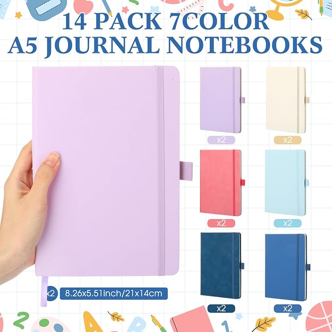 Laumoi 14 Pack Hardcover Journal Notebooks Bulk A5/A4/B5 Journaling Notebook Wide Ruled PU Leather Ruled Lined Journals with Pen Holder for School Business Work Writing (Fresh Color,A5)