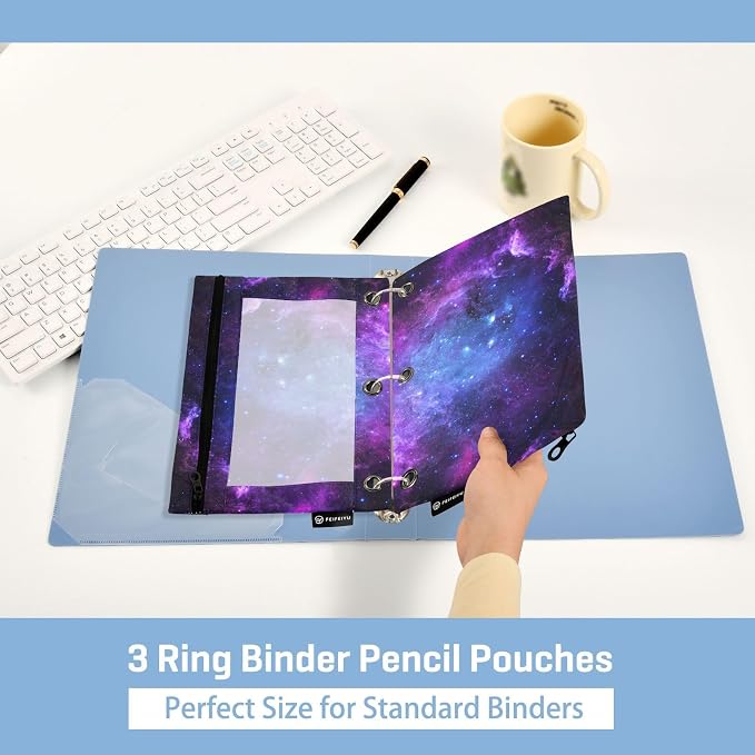 Starry Galaxy Pencil Pouch Fits Standard 3-Ring Binders, Zipper Binder Pencil Bag with Clear Window for Class Office 2 Pack