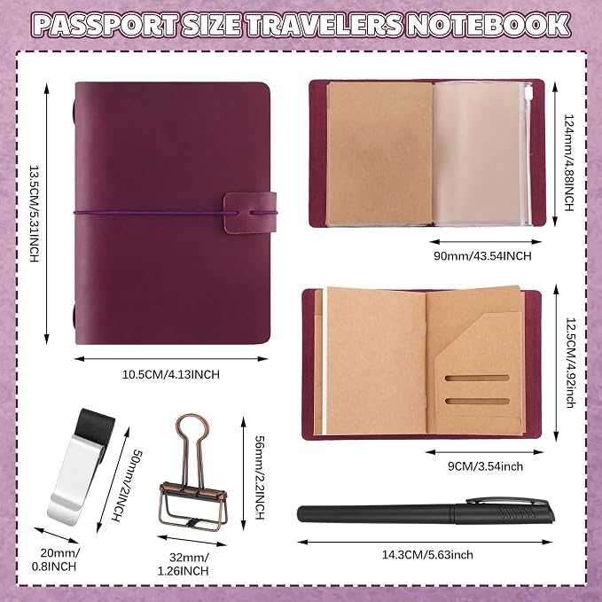 Thenshop Travelers Refillable Leather Journal Notebook Travel Diary Handmade Passport Travelers Journal for Men and Women with 3 Notebook Inserts, Pen Holder, Binder Clip (Purple,Passport Size)
