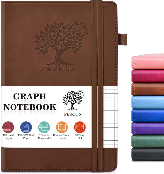 PERCUN A5 Graph Paper Notebook, Leather Journal, 160 Pages Grid Notebook | 5.9"x8.5" hardcover journal with quad ruled paper for work, school, writing, notes, journaling and daily planning.