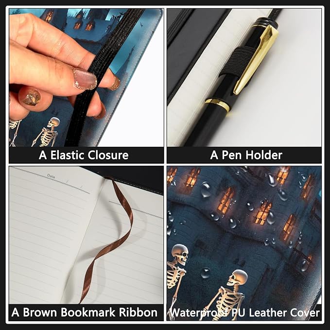 A5 Leather Lined Journal Notebook, 200 Pages Hardcover Executive Notebook for Men Women Office School Note Taking, Thick Writing Paper Daily Journal with Bookmarks/Indexes, Castle Skeleton