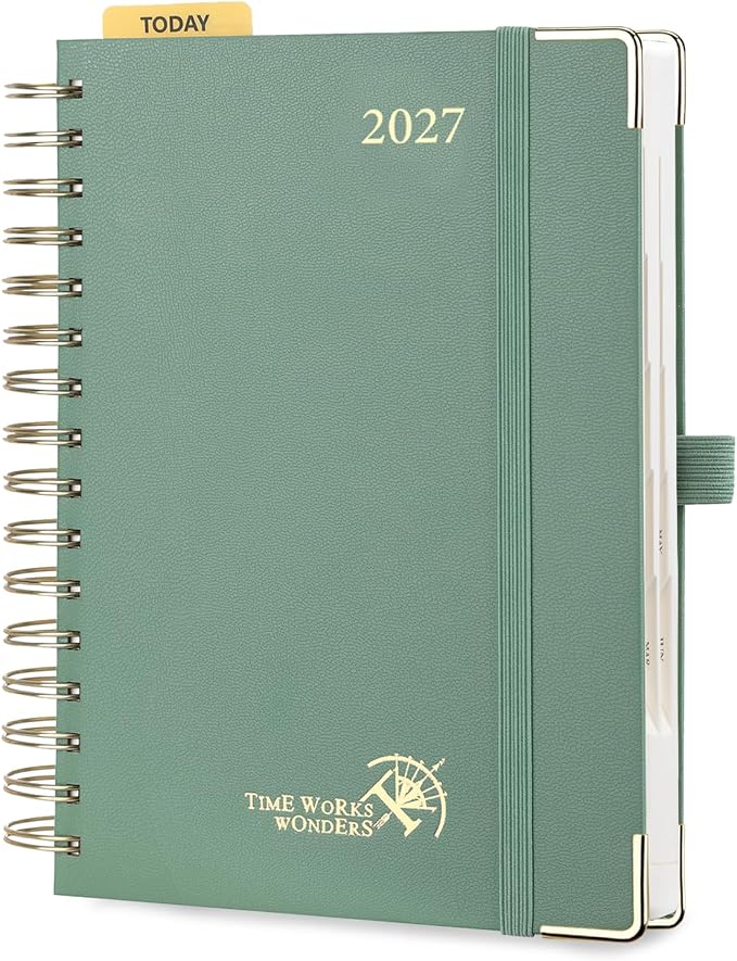 POPRUN 2027 Daily Planner One Page Per Day, 5.75" x 8.5", Calendar Book from Jan 2027 - Dec 2027, Hardcover Appointment Book with Hourly Time Slots, Spiral Bound, Monthly Tabs - Midnight Green