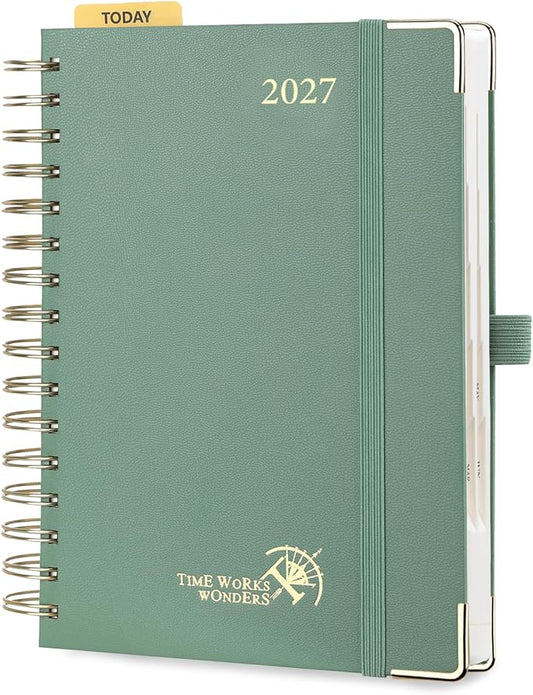 POPRUN 2027 Daily Planner One Page Per Day, 5.75" x 8.5", Calendar Book from Jan 2027 - Dec 2027, Hardcover Appointment Book with Hourly Time Slots, Spiral Bound, Monthly Tabs - Midnight Green