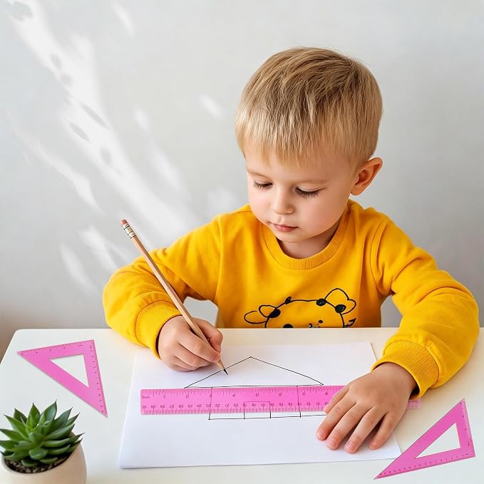 Plastic Clear Ruler Math Set - 6'' 12'' Transparent Straight Ruler, 4'' 6'' Protractor, 30/60 & 45/90 Triangle Ruler,Geometry Math Measuring Tool for School Home Office Drawing Teachers Kids Hot Pink