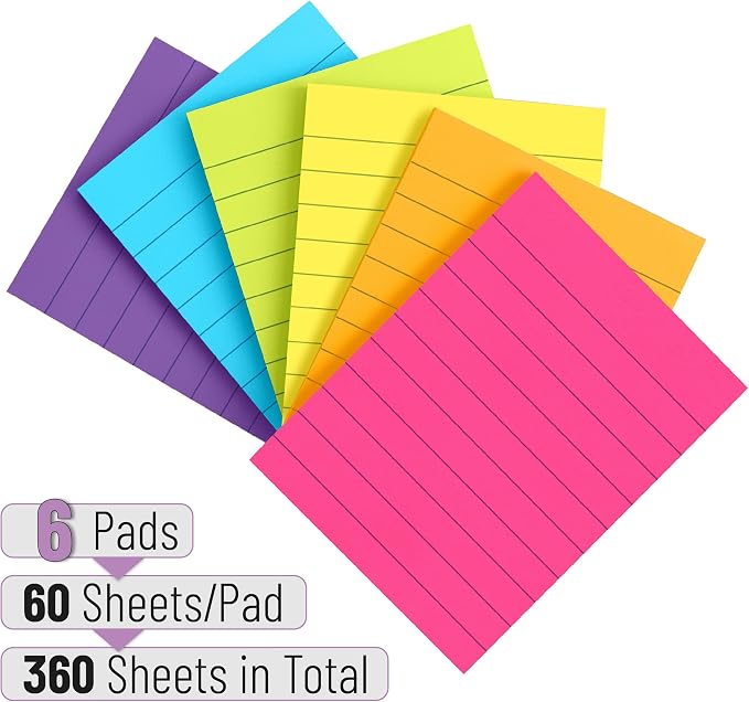 Mr. Pen- Lined Sticky Notes, 3" x 4", 6 Pads, 60 Sheets/Pad | Sticky Notes with Lines, Ruled Post Stickies, Memo Pads, Self-Stick Note Pad for Office, School, Home, Study