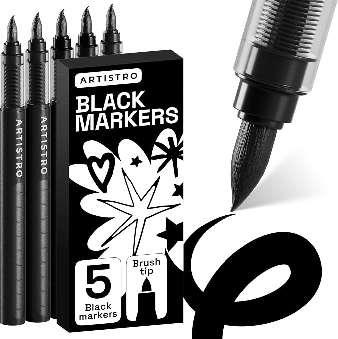 ARTISTRO Black Paint Pens - Brush Tips - Set of 5 | Acrylic Paint Markers, Water-Based, Automatic Ink Control System, For Rock, Glass, Ceramic, Wood, Tire, Fabric, Metal, Canvas