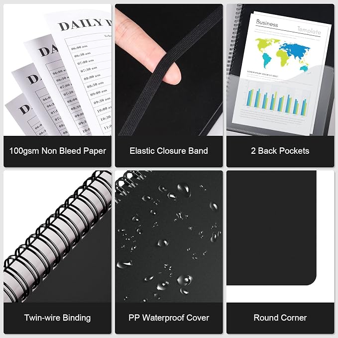 Planner Undated, Asten Daily Planner Agenda with To Do List, Hourly Schedules for Women and Men, Spiral Appointment Book with Elastic Closure, Inner Pocket 8.5" x 11" (Black)