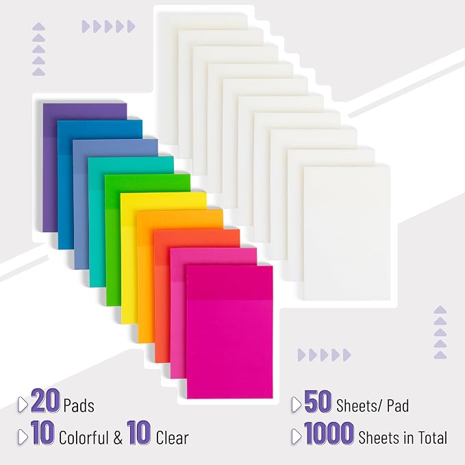 Mr. Pen- Transparent Sticky Notes, 3" x 2", 20 Pads, 1000 Sheets | Colorful & Clear, See Through Self-Adhesive Notes Bulk for Bible Journaling and Studying, Water-Resistant, Clean Removal