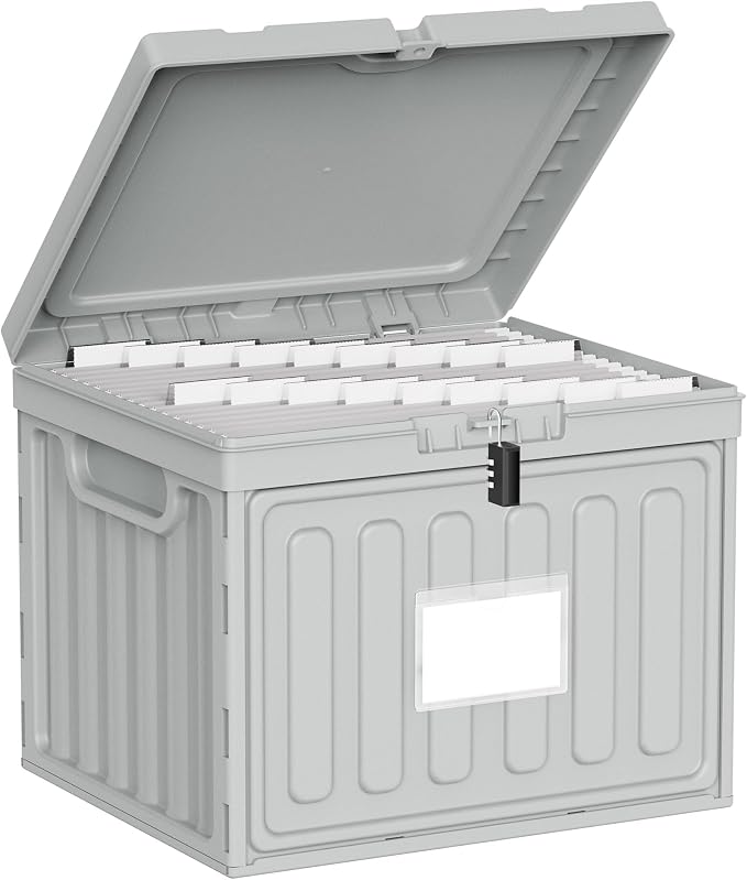 Oterri Lockable Plastic File Box with Lid for Letter-Size | Hanging File Folders Not Included. Grey, Large 1-Pack. Home, Office, Classroom, Dorm, Tax, Under Bed, Filing Cabinet.