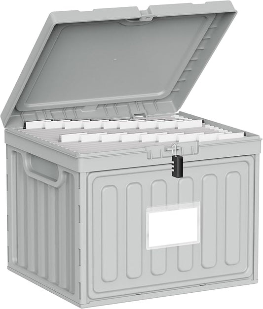 Oterri Lockable Plastic File Box with Lid for Letter-Size | Hanging File Folders Not Included. Grey, Large 1-Pack. Home, Office, Classroom, Dorm, Tax, Under Bed, Filing Cabinet.