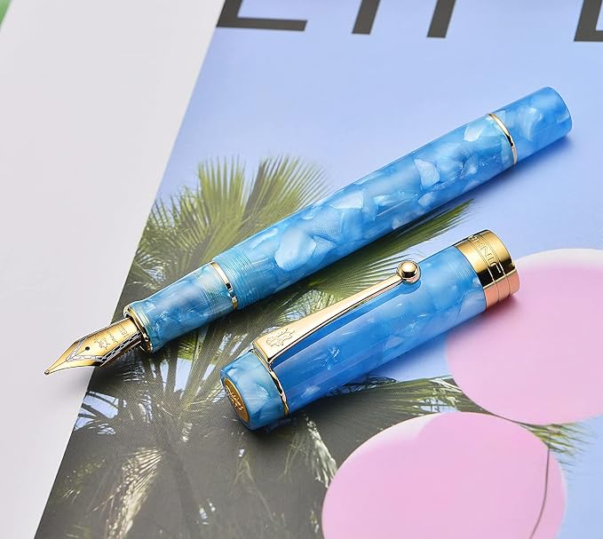 Jinhao 100 Fountain Pen Celluloid Classic Style, #6 Nib Smooth Writing Instrument with Refillable Converter and Pen Case Set