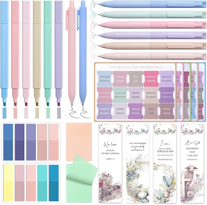 Bible Study Supplies Journaling Kit for Women, Bible Study Kit with 14 No Bleed Highlighters and Pens, 2 Transparent Sticky Notes, 2 Index Stickers, 75 Tabs for Christian Gifts