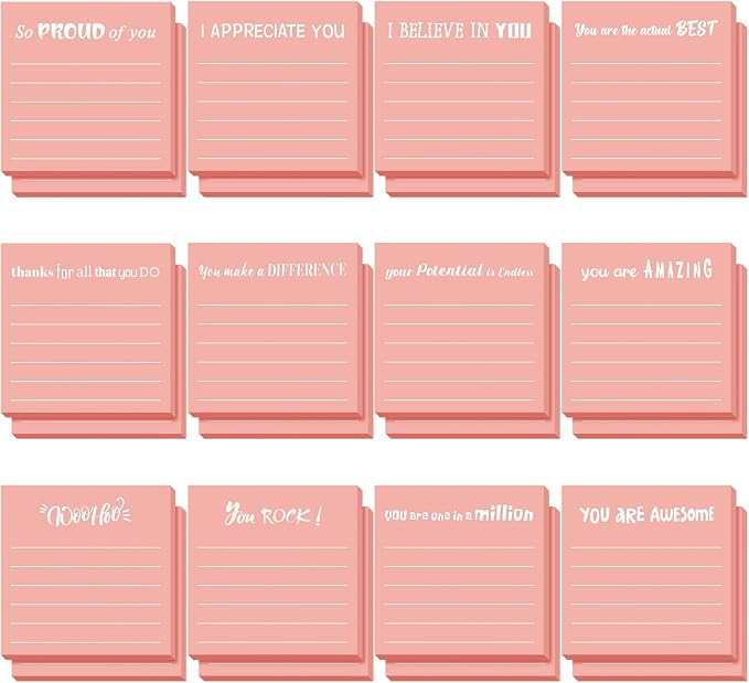 Yinder 24 Pcs Inspirational Sticky Notes, Back to School Supplies, Cute Motivational Sticky Notes Pad Employee Appreciation Gifts Bulk for Teacher Coworker Office 3 x 3'' (Appreciation,Pink)