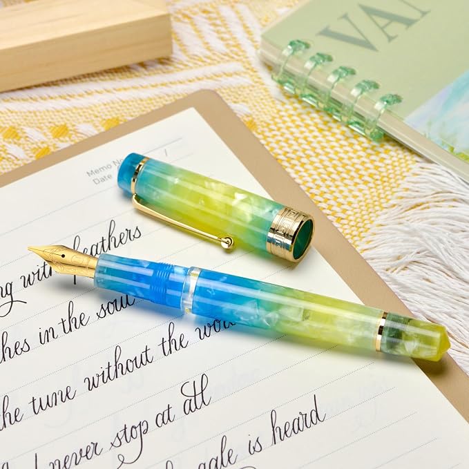 Asvine P20 Piston Fountain Pen, Stub Nib 1.1mm Calligraphy Art Drawing Gradual Yellow Acrylic with Case Set