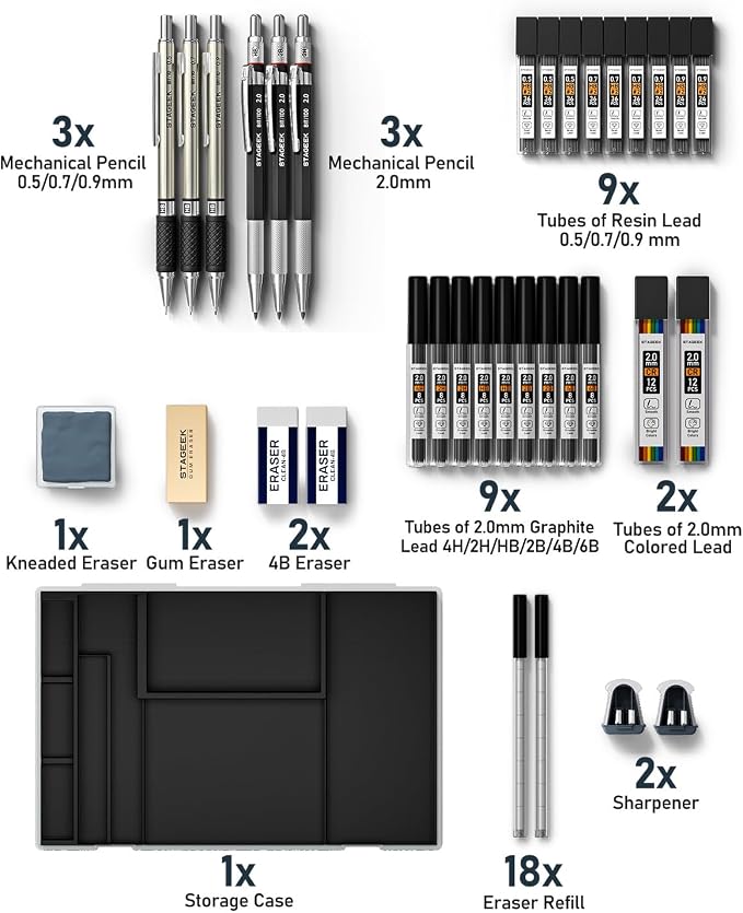 STAGEEK Mechanical Pencil Set with Case 34 Count, Drawing Pencils 0.5, 0.7, 0.9MM & 3PCS 2MM Sketching Pencils with 384PCS Lead Refills (6B 4B 2B HB 2H 4H Color) for Artist Drafting Drawing Writing