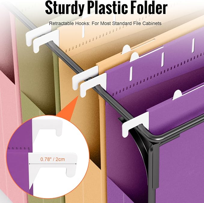 12 Pack Extra Capacity Plastic Hanging File Folders Letter Size | 2" Expanding File Folders with 1/5-Cut Adjustable Tabs, Hanging File Organizer with Clear Tabs for File Cabinet & Drawer
