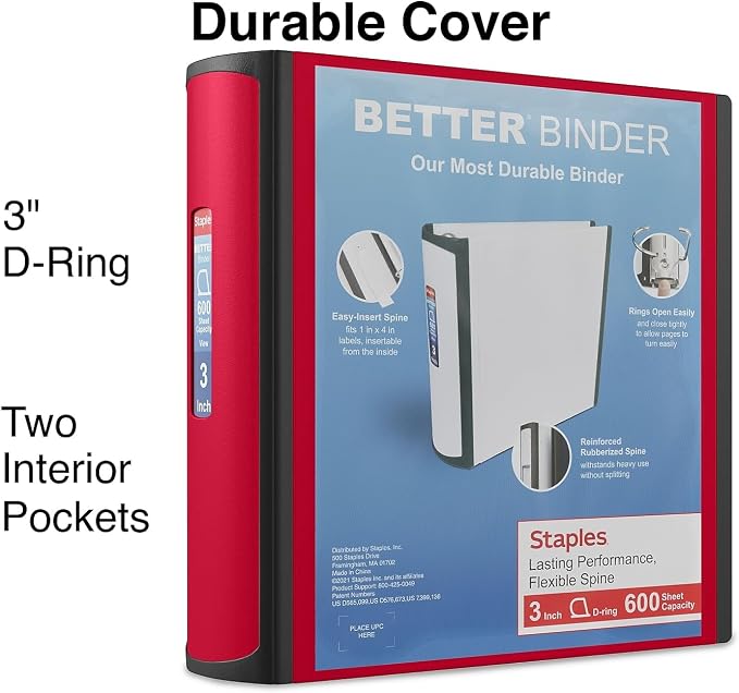 Staples Better Binder, 3" Heavy‑Duty D‑Ring 3‑Ring Binder, Red, Reinforced Spine, Holds 600 Sheets, Durable Organizer for Office, School & Presentations, 2‑Pack