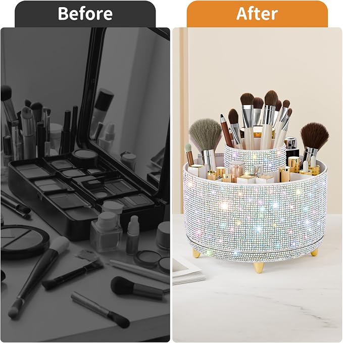 fanado Bling Diamond Makeup Brush Holder, 360° Rotating Makeup Organizer, 5 Slot Make up Brushes Cup for Countertop, Storage for Cosmetics Pen Eyeliner Skincare on the Vanity ((Diamond white AB)