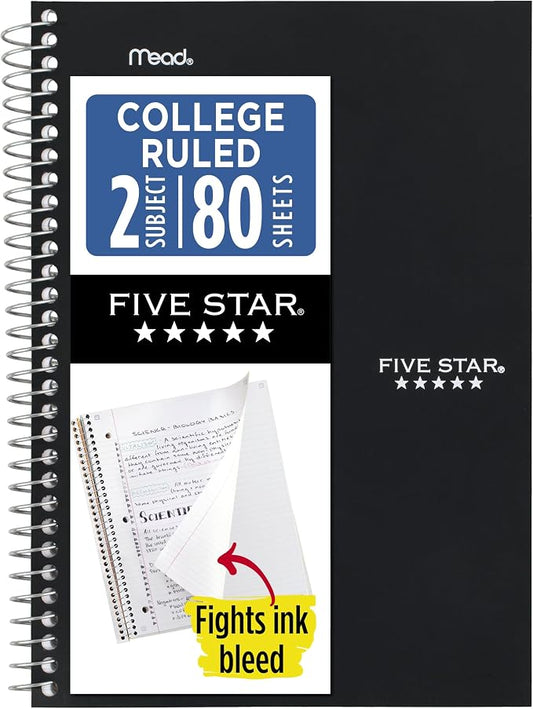 Five Star Spiral Notebook, 2 Subject, College Ruled Paper, 6" x 9-1/2", 80 Sheets, Fights Ink Bleed, Water Resistant Cover, Black (840029AA2-ECM)