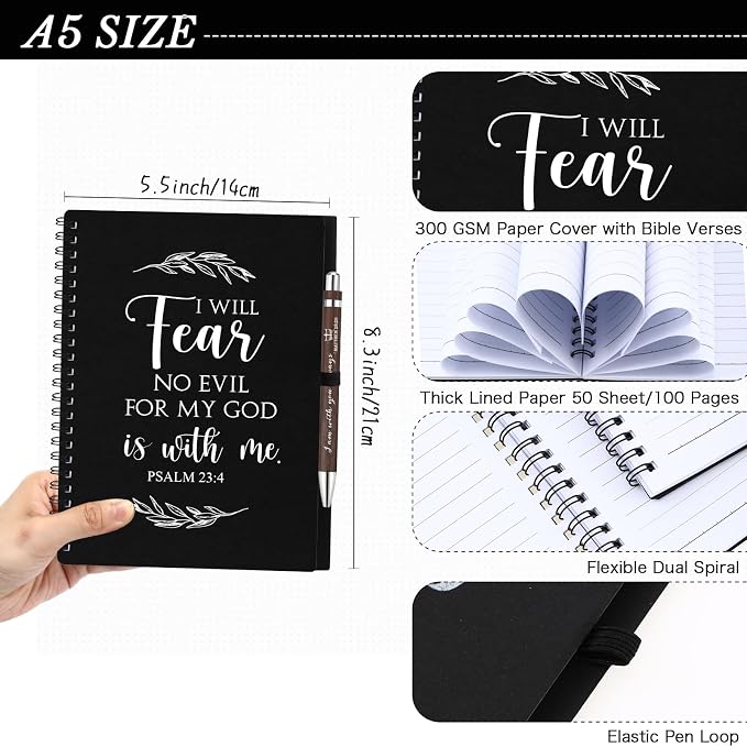Kosiz 60 Pcs/ 30 Set Christian Gift Bulk A5 Spiral Notebook 5.5"x8.3" Christian Prayer Journal Bible Ballpoint Pen Religious Gift for Women Sunday School Church Member Back to School Gifts (Black)